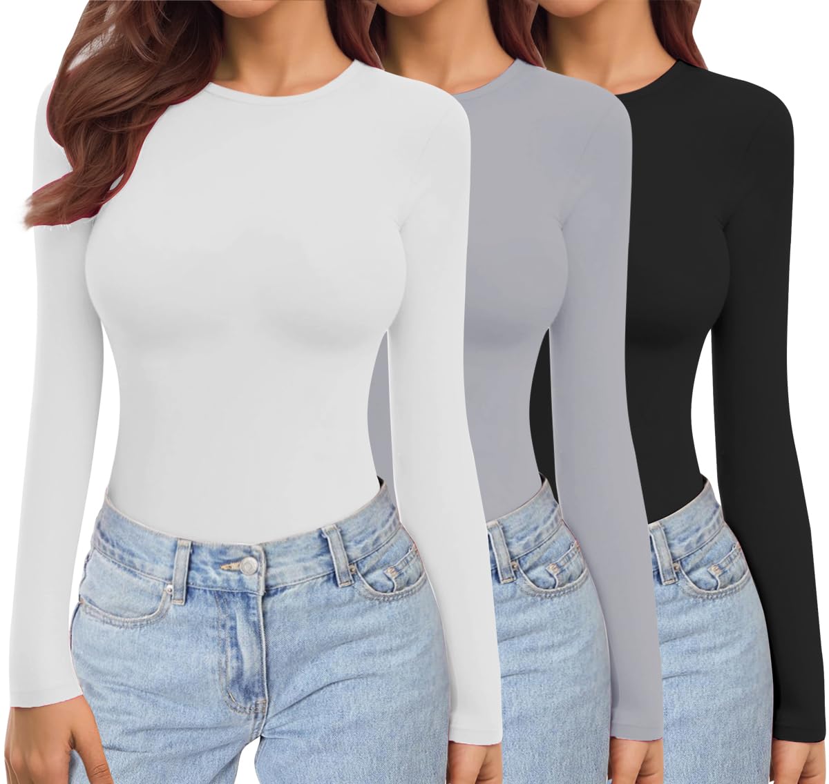 Ekouaer Donna Confezione da 3 Maglie a Maniche Lunghe Girocollo Camicie Termiche Set Elasticizzato Aderente Sottoscrubs Layer Tee XS-XXL