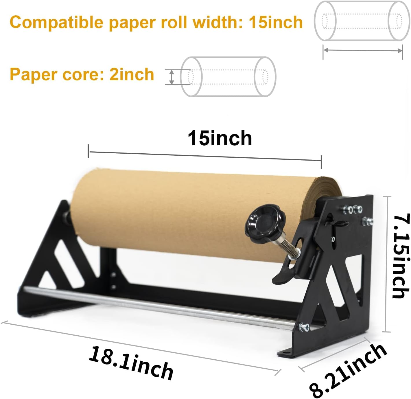 Diagram showing the dimensions of the honeycomb paper roll dispenser: 18.1 inches long, 8.21 inches wide, 7.15 inches high, compatible with 15-inch wide paper and a 2-inch core.