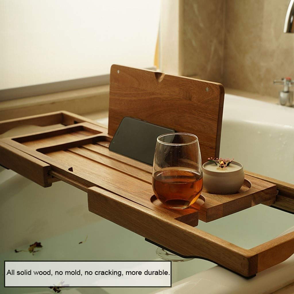 Bandeja de baño ajustable de bambú para bañera de cualquier tamaño, estante de madera maciza, telescópico, a prueba de moho, accesorio conveniente para baños relajantes