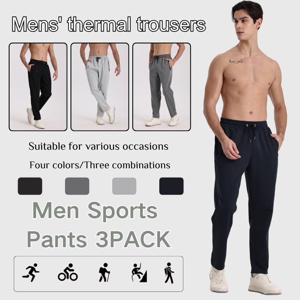 Pantaloni da jogging da uomo, confezione da 3, da jogging, da uomo, sportivi, con cerniera, traspiranti e flessibili