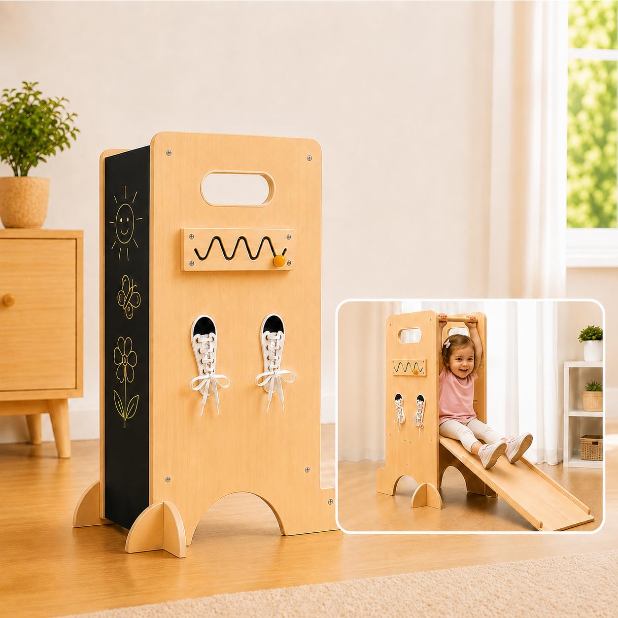 Olvy Torre de Aprendizaje 4 en 1 para Niños con Base Reforzada Cross-Brace, Tobogán con Ranura en Ángulo Recto, Pasamanos sin Clavos Visibles, Pizarra y Panel Montessori de Madera