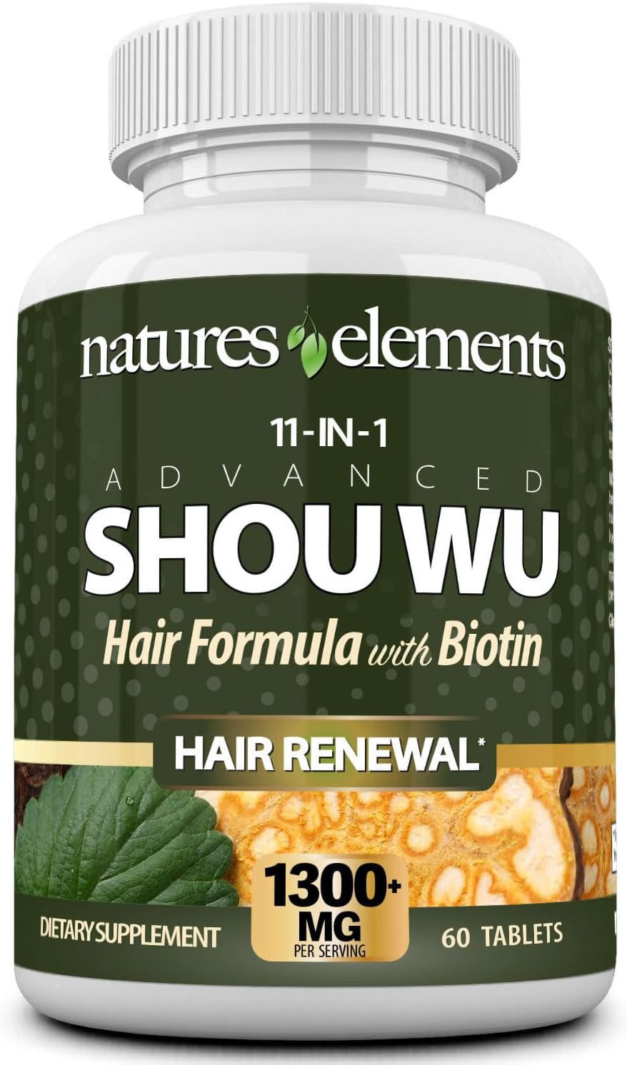 Natures Elements Advanced Shou Wu – He Shou Wu (Fo-Ti) with Biotin & Bioperine, Supports Healthy Hair, Skin & Nails – 60 Tablets – Non-GMO, Gluten-Free