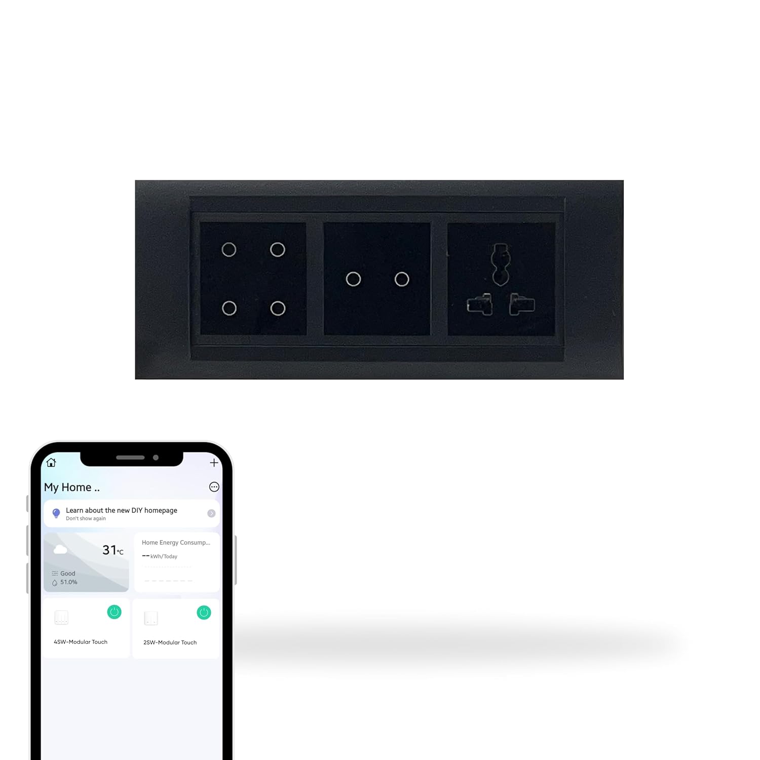 Aziot 6 Module Switch Board Plate | Smart 4 Touch, 2 Touch SW & Socket (Glass Finish) | WiFi+BLE | Google, Alexa & Siri (Black)