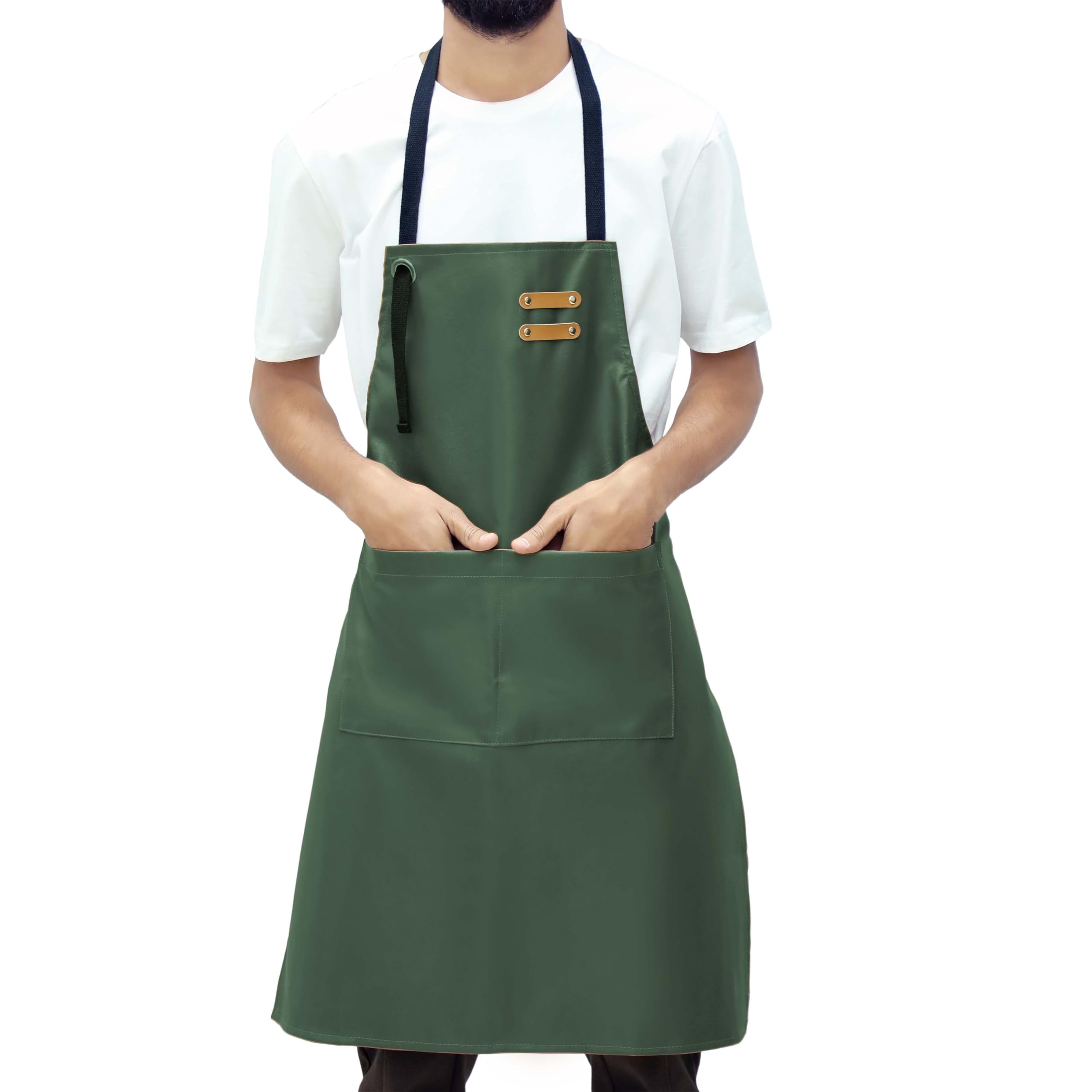 YANEK Unisex Waterproof Leather Chef Apron with Pockets | Leather Apron – Professional Heavy-duty for Home, Kitchen, BBQ, Coffee Shop | 2 Pockets, Adjustable Strap (Green)