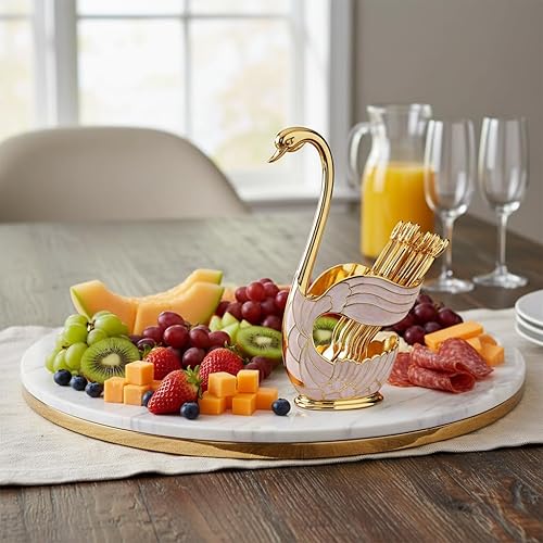Estink Juego de cucharas de café, soporte europeo elegante para cucharadas de fruta de cisne, 6 cucharas de postre de metal, color dorado