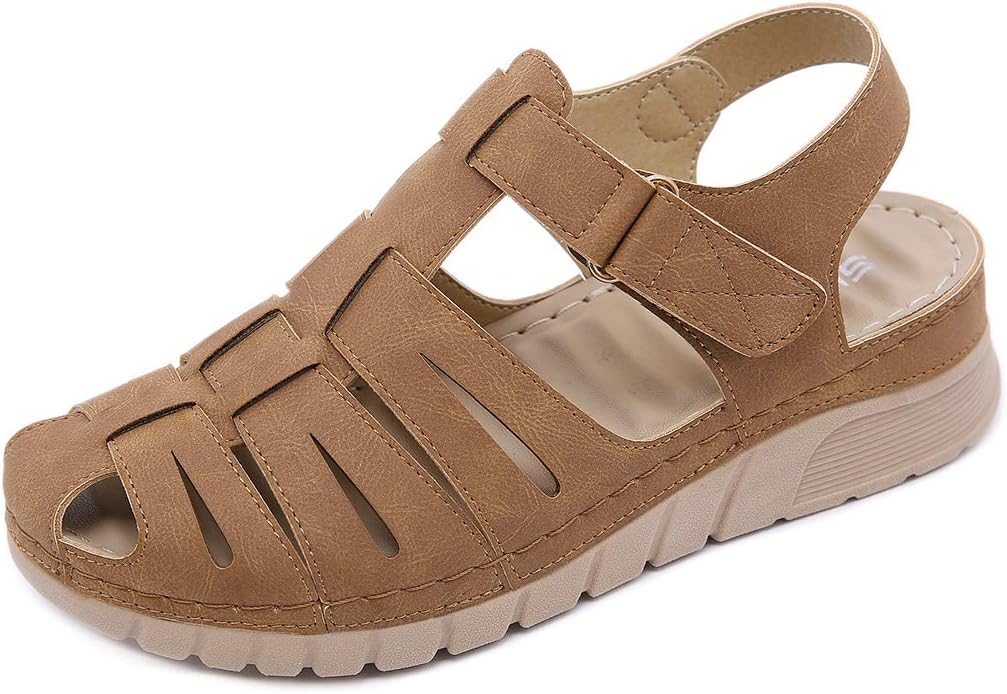 EVRSandals Womens Wedge Summer Ladies Leather Sandal Closed Toe Platform Shoes Clogs Mules,Brown,38