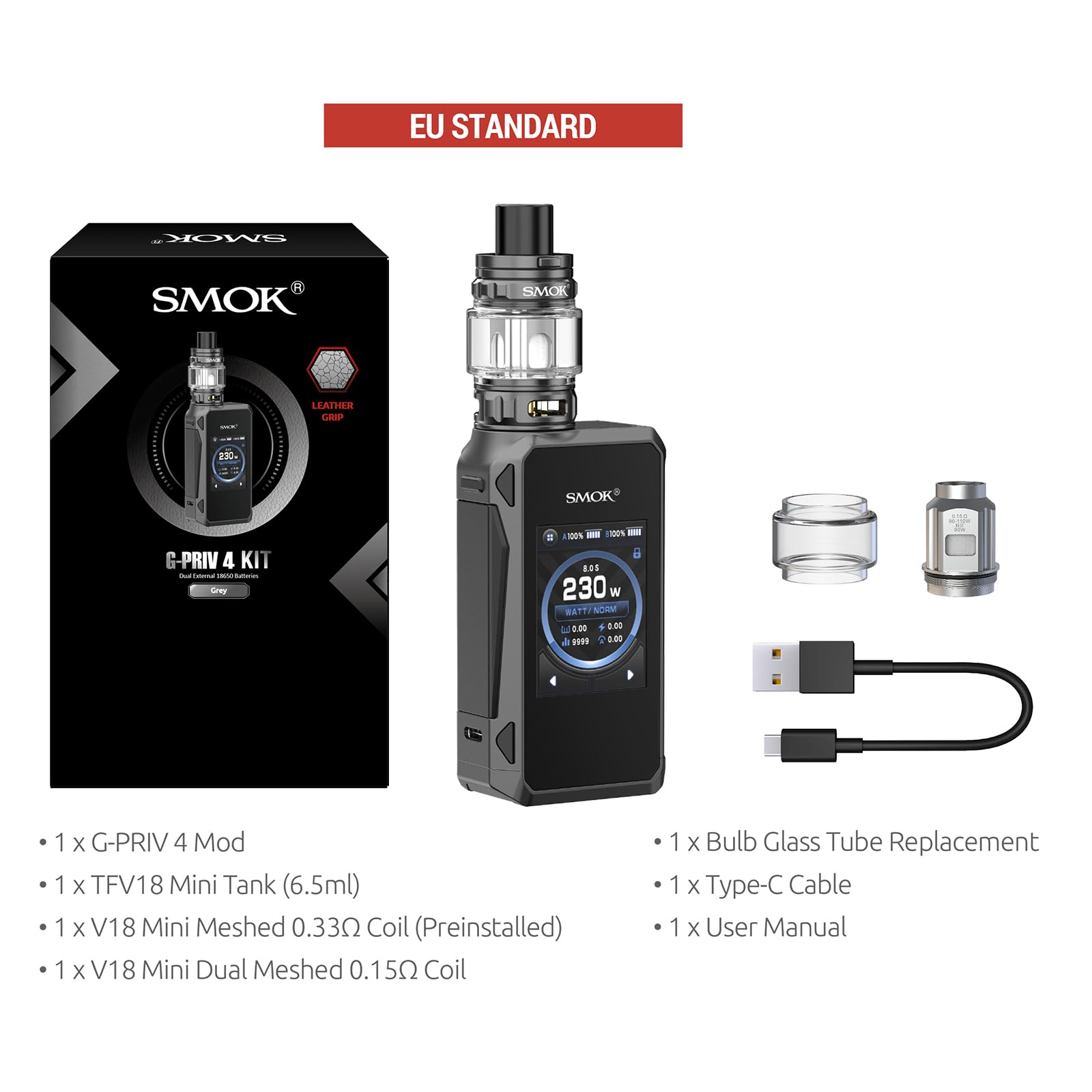 SMOK G-PRIV 4 Box Mod Vape Kit Akkuträger 5–230W TFV18 Mini 6,5 ml Grau | E-Zigarette mit 2,0-Zoll-Touchscreen IQ-M Chip breitem Feuertaster 6,5-ml-Verdampfer für DL Dual 18650 ohne Akkus Type-C 2,0A