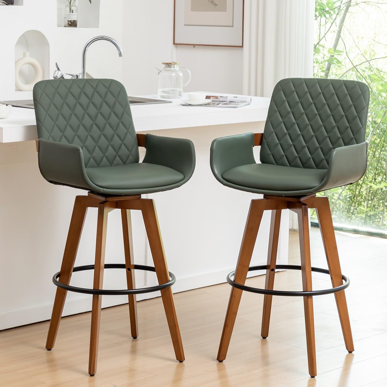 Counter Height Bar Stools Set of 2, Swivel 26 Inch Mid Century Modern Upholstered Counter Stools for Kitchen Island/Counter, Green