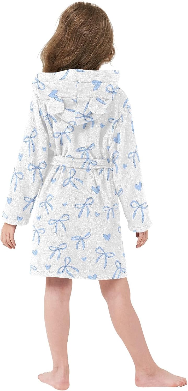 Blue Bows with Hearts Toddler Hooded Bathrobe for Boys Girls Soft Plush Bath Towel Robe 2-12 Years