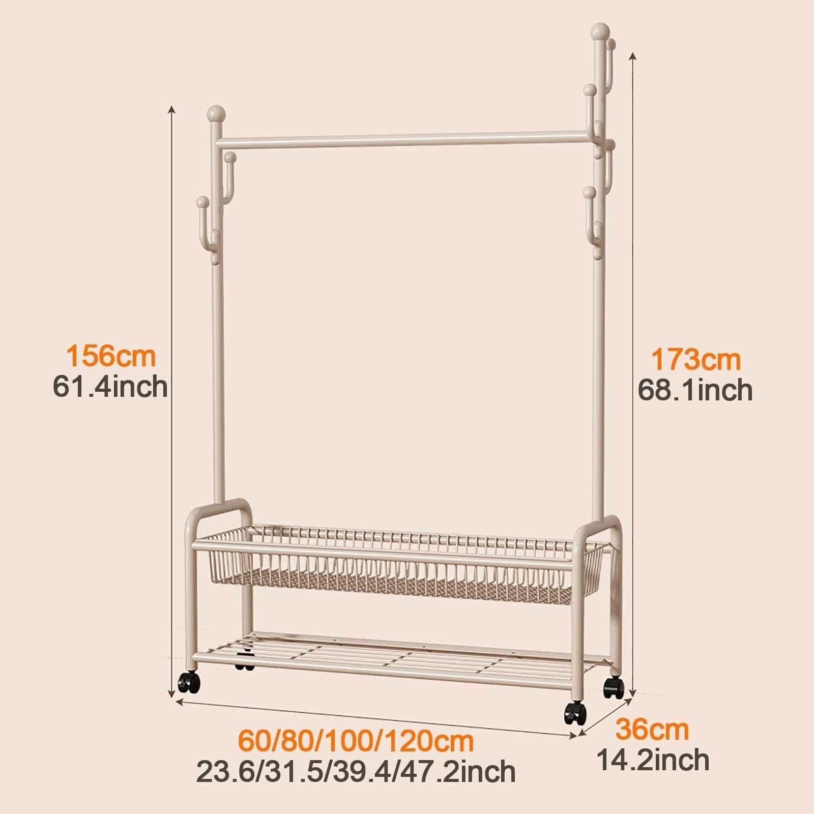 Rollbarer Kleiderständer Mit Feststellbaren Rollen, Metall Kleiderpender | Mobiler Metall Kleiderständer, mehrere Kaktus-Haken, doppelter Gitter-Aufbewahrungskorb(Black,60x173x36cm)