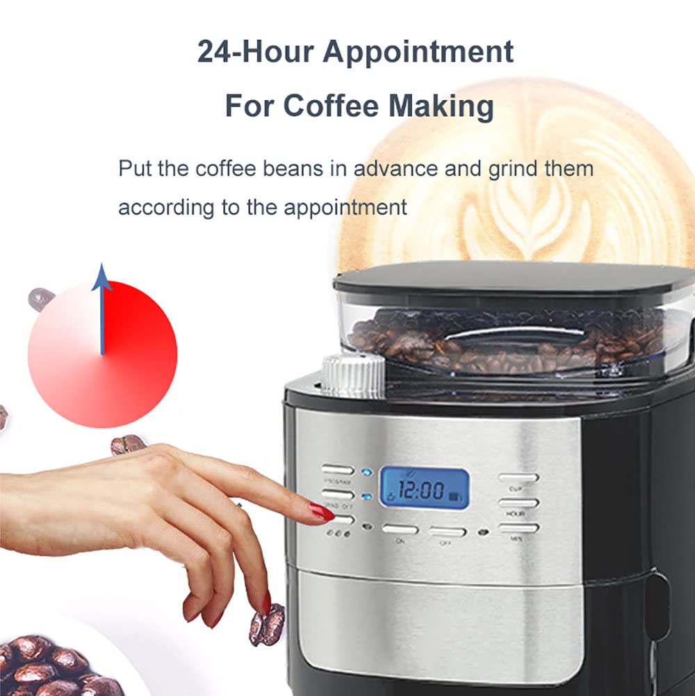 Macchina da caffè con Filtro a Goccia, Macchina da caffè Automatica con macinacaffè Integrato, appuntamento 24 Ore su 24, capacità del Serbatoio dell'Acqua 1,8