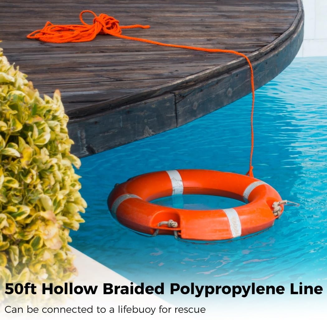Hollow Nylon Polyester Life Rope Single Hook Fire Rescue Rope, Outdoor Climbing Rope Orange, 50Ft Lifebuoy Rope with Spring Hook for Ring Buoy, Braided Nylon Line, Rope Heaving Line