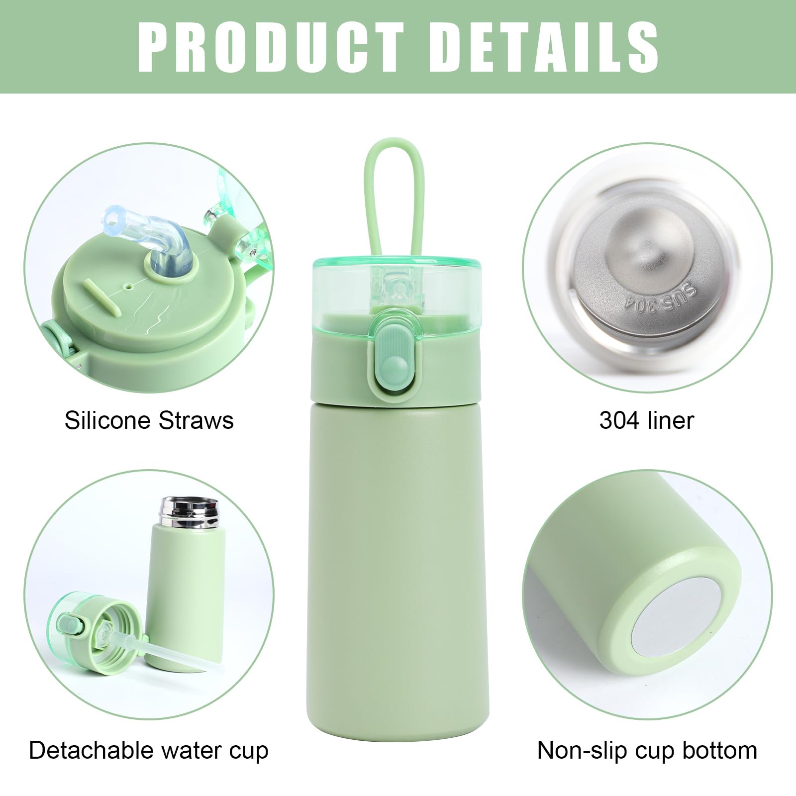 Risipu Small Water Bottle 150ml with Straw Mini Thermos Flask for Hot and Cold Drinks, One-Hand Open, Leak-Proof Lid, Stainless Steel, Portable for Coffee, Milk, Juice (Green) - Image 2