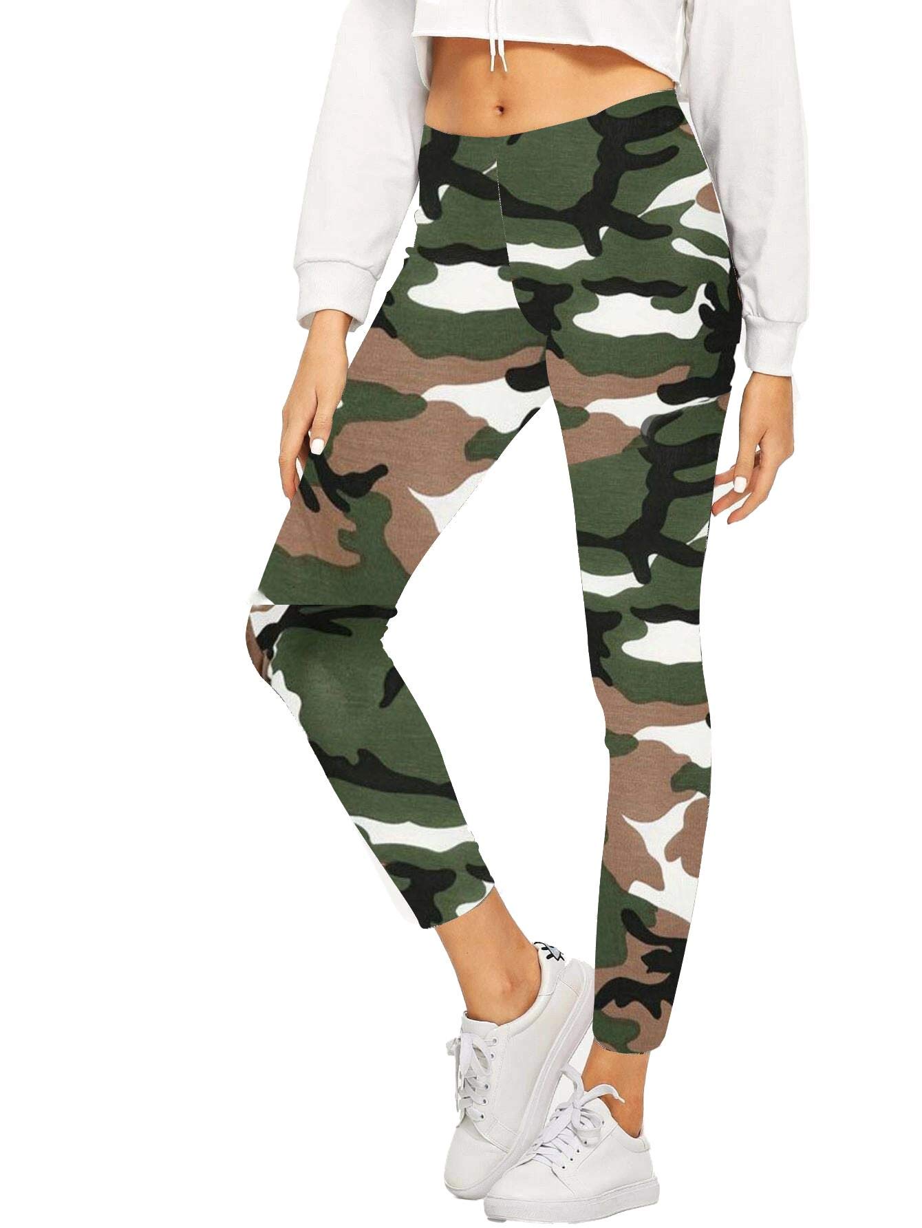 Janisramone Women's Army White New Printed Full Length Stretchy Leggings Skinny Dance Jeggings Casual Trouser Pants