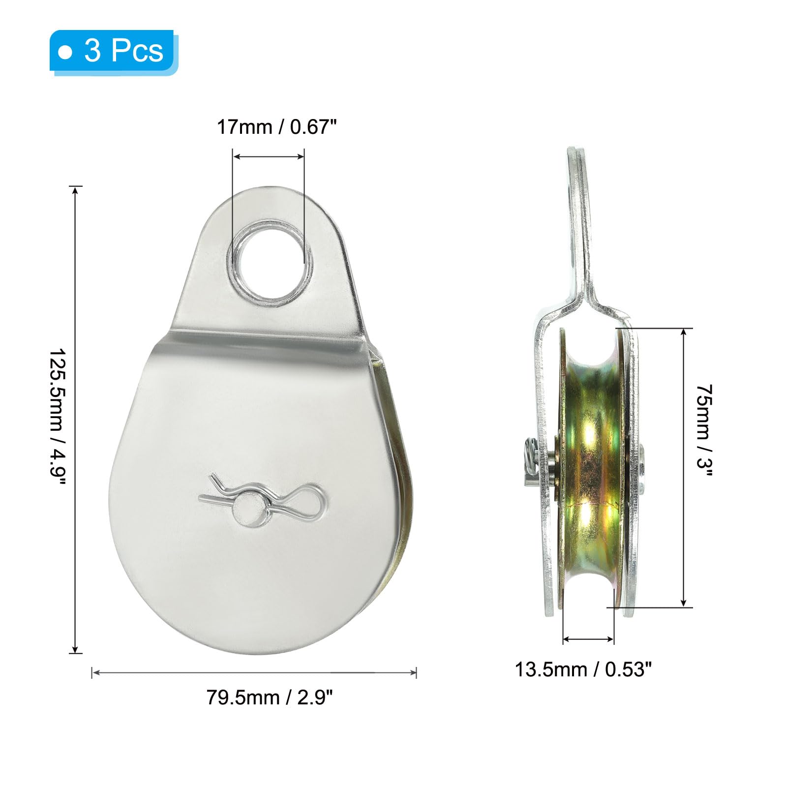 PATIKIL Polea Fija Simple De Una Rueda, Pack De 3 3" Polea De Acero Al Carbono para Cable Pesado Polea De Remolque Rueda Elevadora Rodillo De Polea Simple