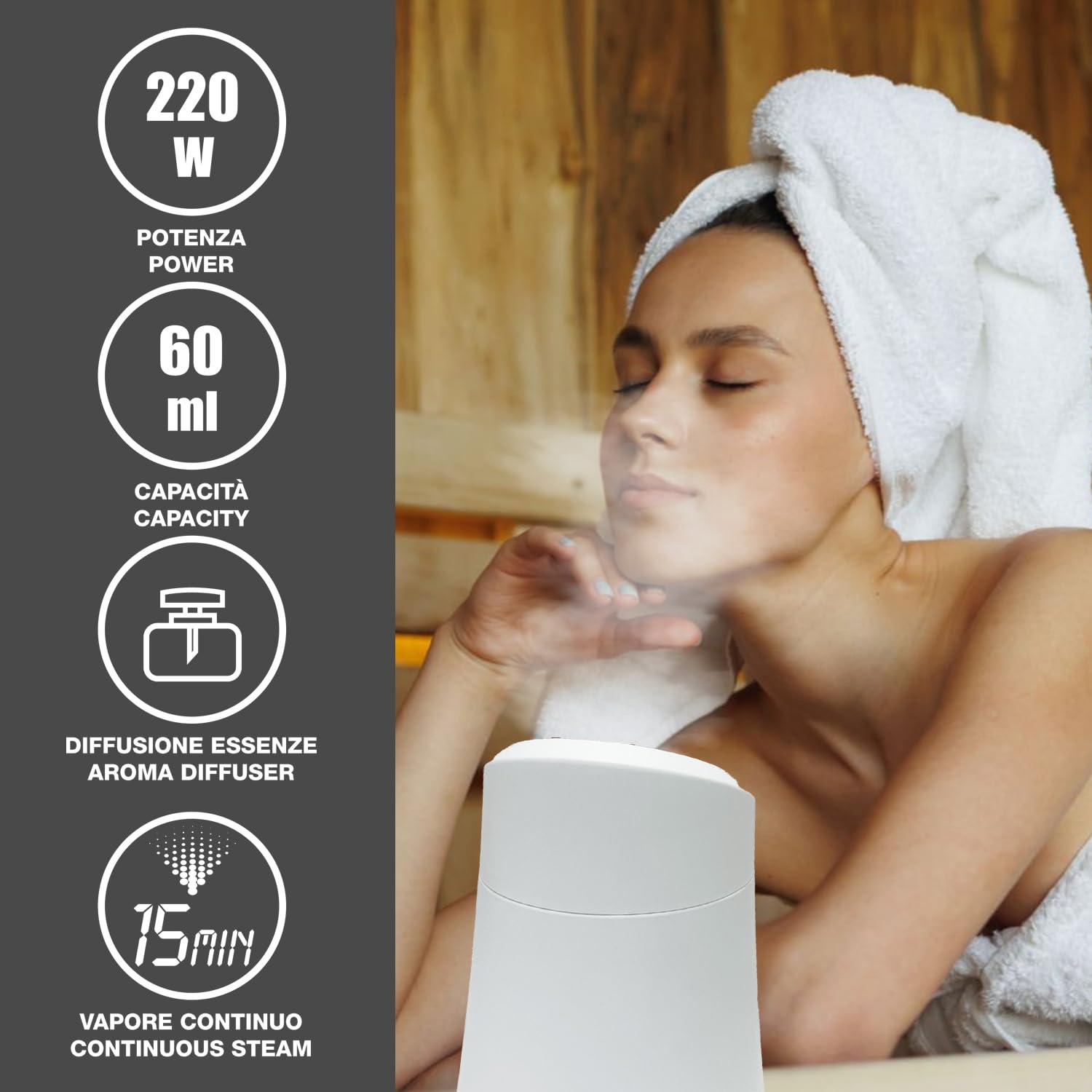 BEPER P302VIS010 Sauna Facciale a Vapore Hidra, Pulizia Viso Profonda e Idratazione, Vaporizzatore viso con Serbatoio 60ml, Supporto per Essenze, con Misurino Incluso