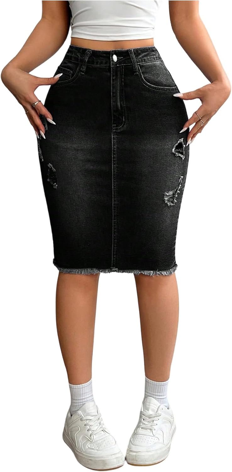 WDIRARA Women's Denim Pencil Skirt High Waisted Ripped Raw Hem Knee Length Stretch Bodycon Skirt