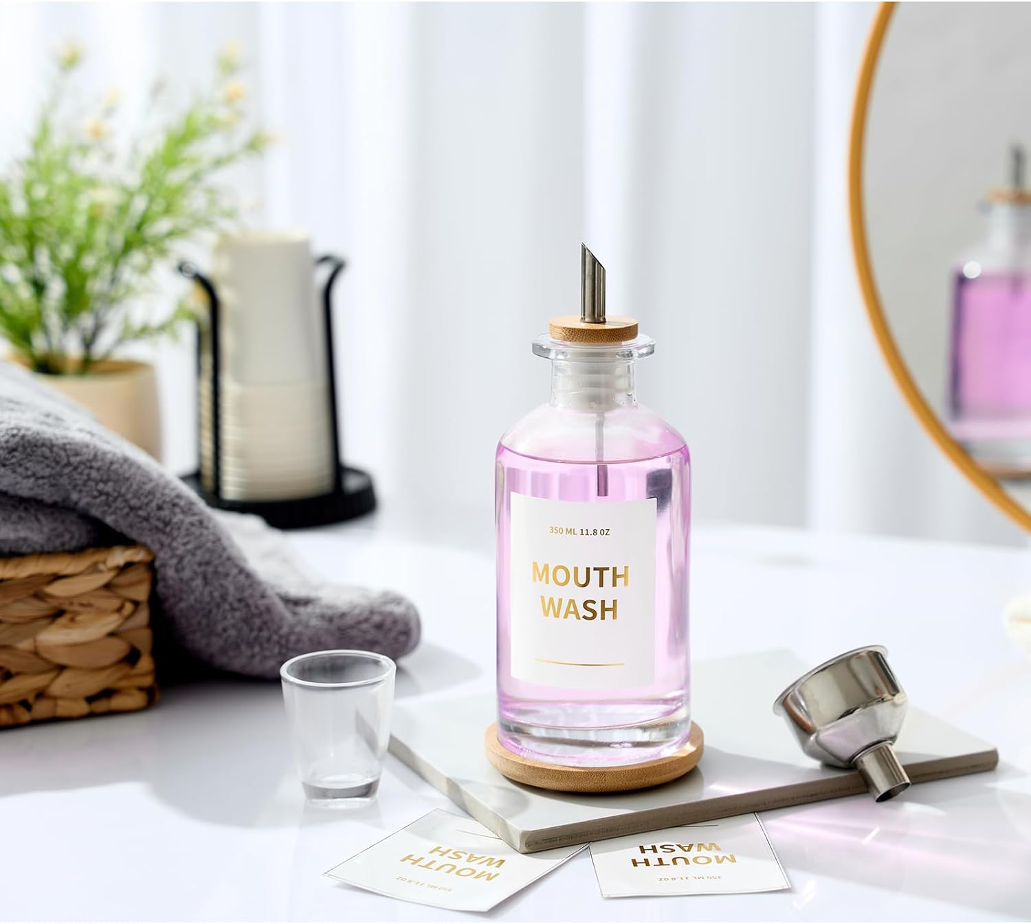 Glass Mouthwash Dispenser for Bathroom, 11.8oz Mouthwash Holder with Stianless Steel Spouts, Mouthwash Decanter with Bamboo Holder, Refillable Cups, Reusable Funnel, Golden Stickers - Image 2