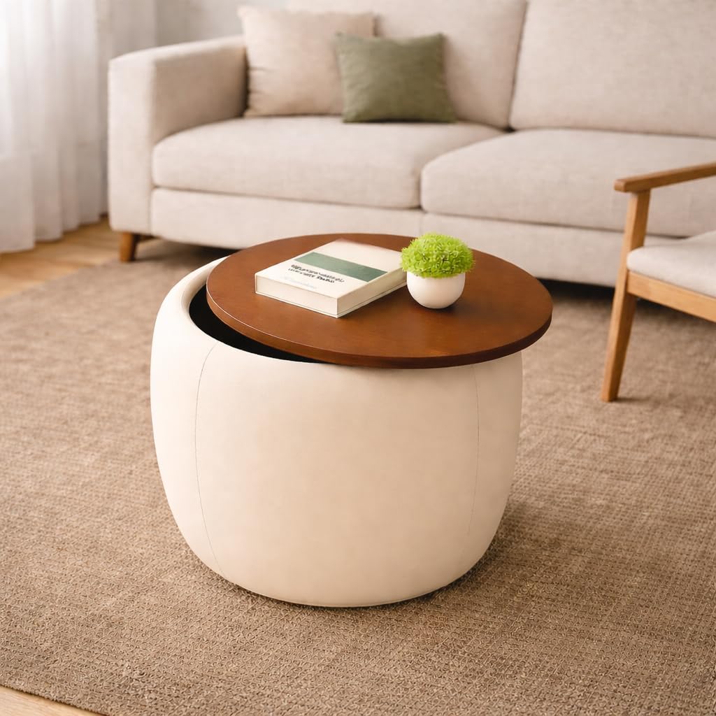 Zenture Elegent Round Coffee Table with Wooden Top, Storage Ottoman Tables for Living Room, Centre Tables, Tea Tables, Farmhouse, Wood Drum Coffee Table (Cream)-image-20