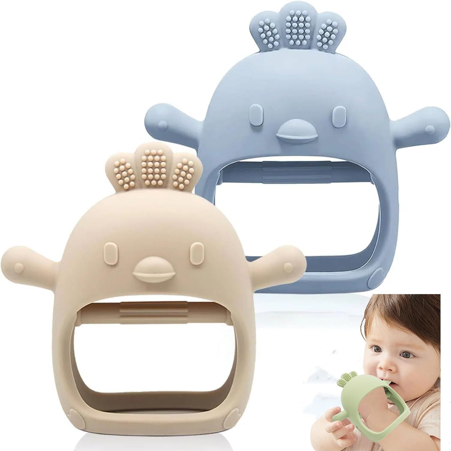 2-Pack Teething Mittens for Babies 0-6 Months Silicone Baby Teething Toys, Infant Hand Teether for Boy Girl, Teething Relief Biting Toys, Newborn Shower Gifts(Beige & Blue)