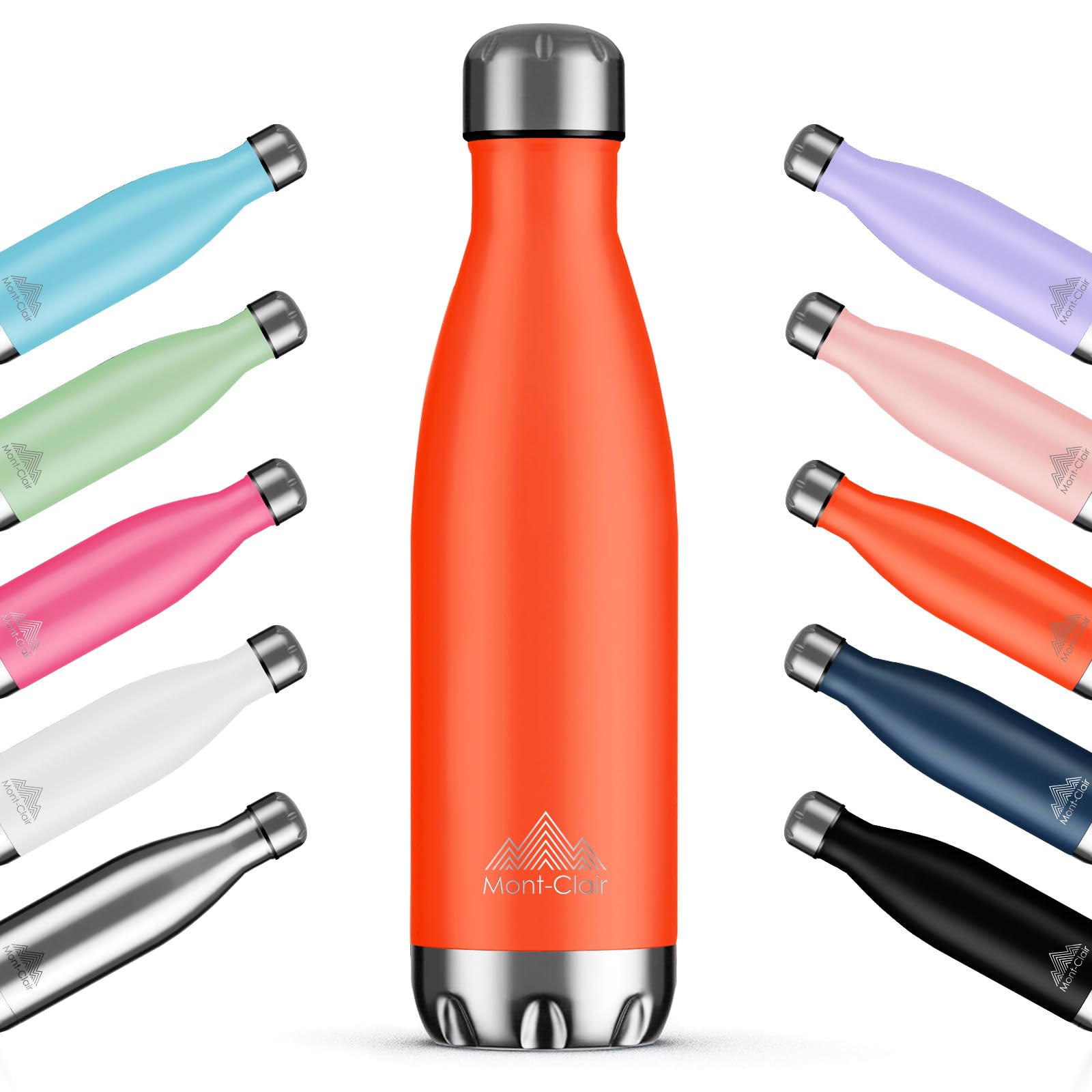 Mont-Clair H2O Stainless Steel Water Bottle, Vacuum Insulated - BPA Free, 12h Hot & 24h Cold Drinks, Metal Water Bottle 500ML Leakproof, Ideal for Adult, Kids, Running - Orange