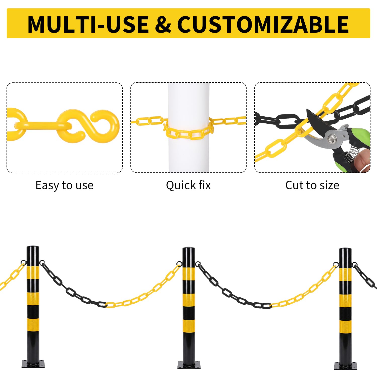 240FT Plastic Barrier Chain Black, 6MM Thick Safety Chain with 1.5-Inch Links, UV Resistant Plastic Chain with 50 Hooks for Crowd Control, Parking Lots, Driveways, Construction & Queue Lines