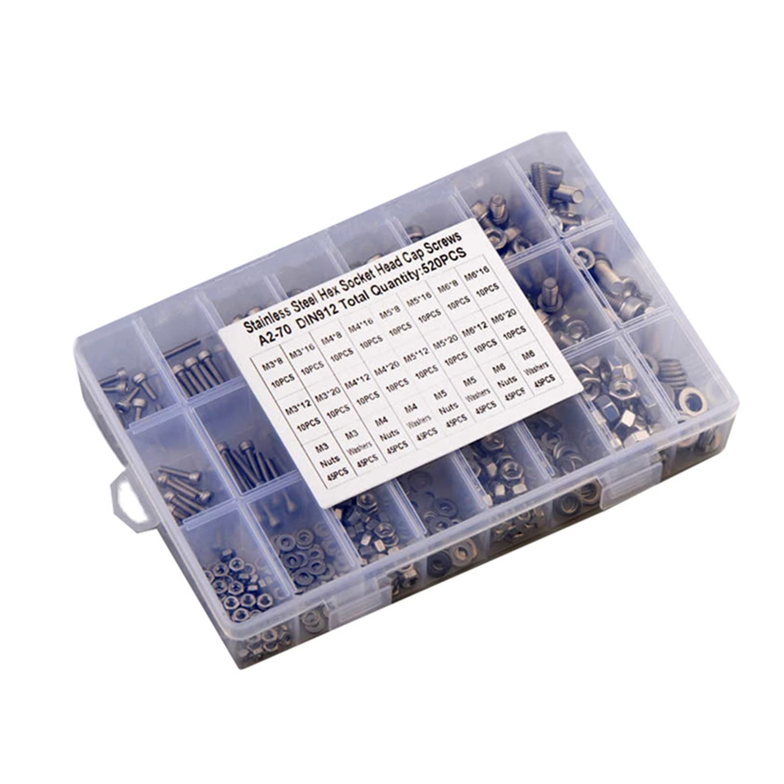 Youngran 520pcs M3 m4 m5 m6 Juego de Pernos de Cabeza de Taza de Tornillo de Cabeza de zócalo 304 Perno de Acero Inoxidable Allen con Arandelas Planas y nueces Kit de Surtido Leisurely