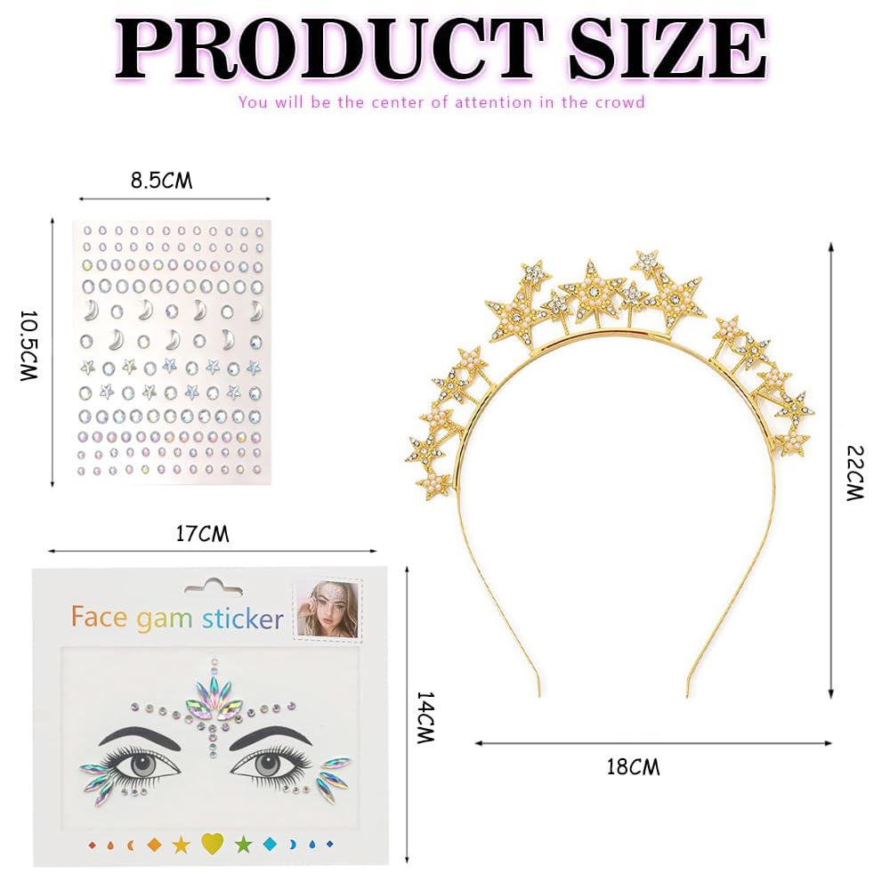 3-Piece Set: Headband Stars Rhinestone + Face Gems & Rhinestones, Halo Headpiece for Women & Girls - Image 2