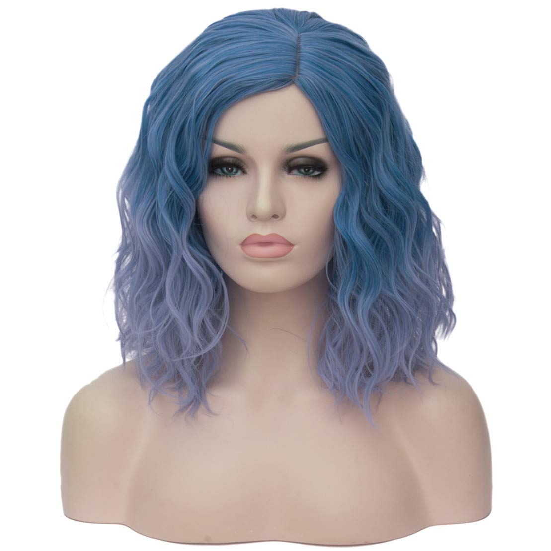 Mildiso Blue Wigs for Women Short Curly Wavy Bob Wig Ombre Blue Hair Wig with Wig Caps Cute Colorful Synthetic Wig Perfect for Daily Party M004B