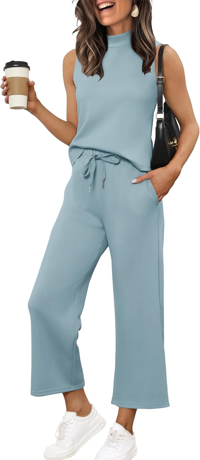 XIEERDUO Two Piece Sets for Women Summer Lounge Sets Beach Vacation Travel Outfits Casual Wide Leg Pants Matching Sets