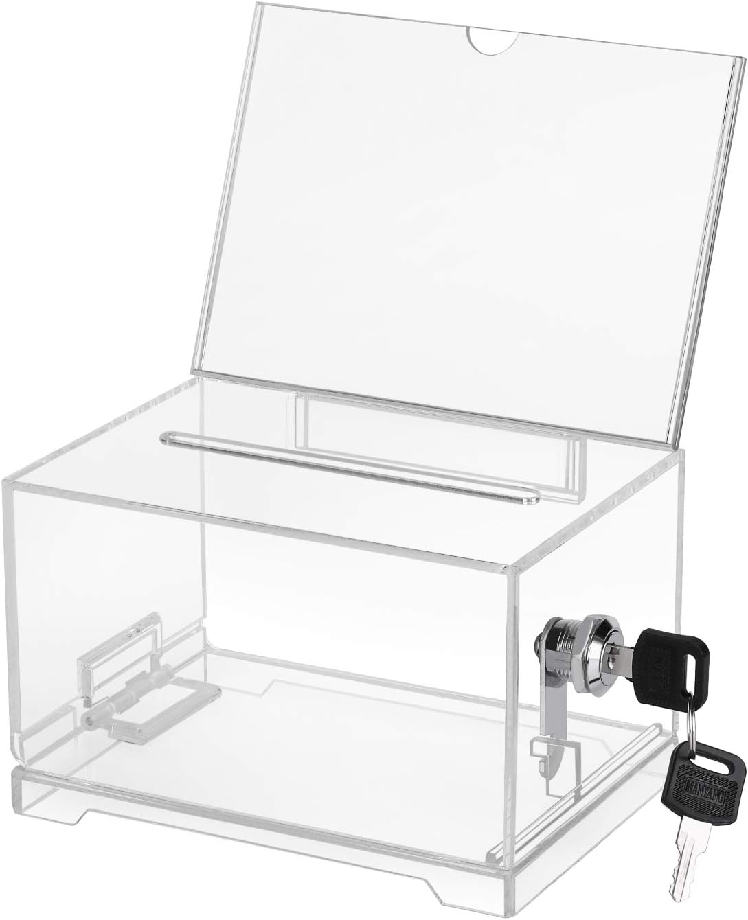 Clear Ballot Box w/Removable Sign Holder/Header, Self-Standing Acrylic Raffle Ticket Collection Storage Container w/Lock & Keys, for Voting Fund-Raising Charity Donation Survey Suggestions