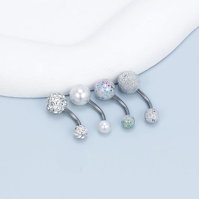 Vsnnsns 14G Belly Button Rings Belly Rings for Women Stainless Steel CZ Skull Belly Button Piercing Jewelry Belly Bars Curved Navel Ring Barbell Body Jewelry Piercing for Women Men 12-15Pcs