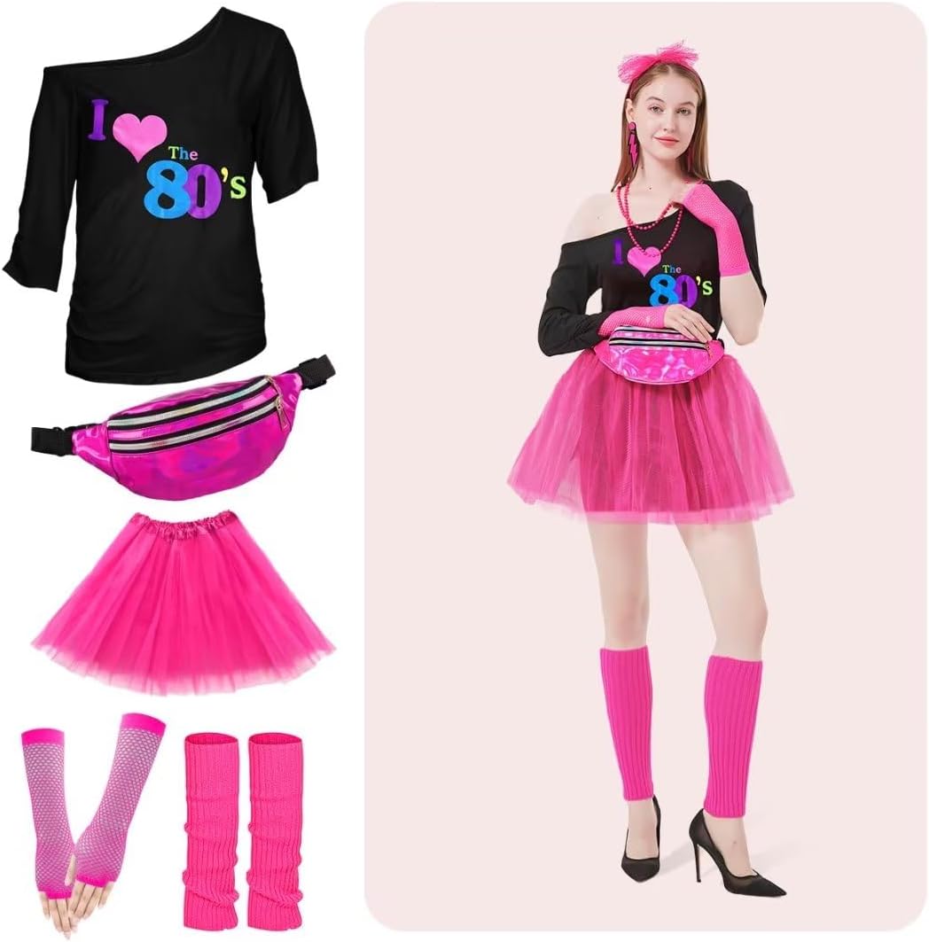 WILDPARTY 80s Costume Accessories for Women, T-Shirt Tutu Fanny Pack Headband Earring Necklace Fishnet Gloves Legwarmers - Image 4