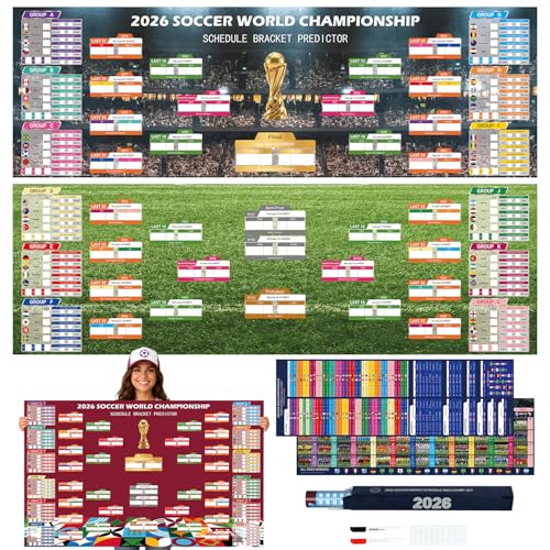World Soccer Bracket Poster 3PCS Set 40 x 26 Inches Dry Erase Double Sided Wall Chart with Group Stage Knockout Bracket Match Schedule Poster and Updated Team Information for Home Bar Watch Parties Soccer Fan Gift