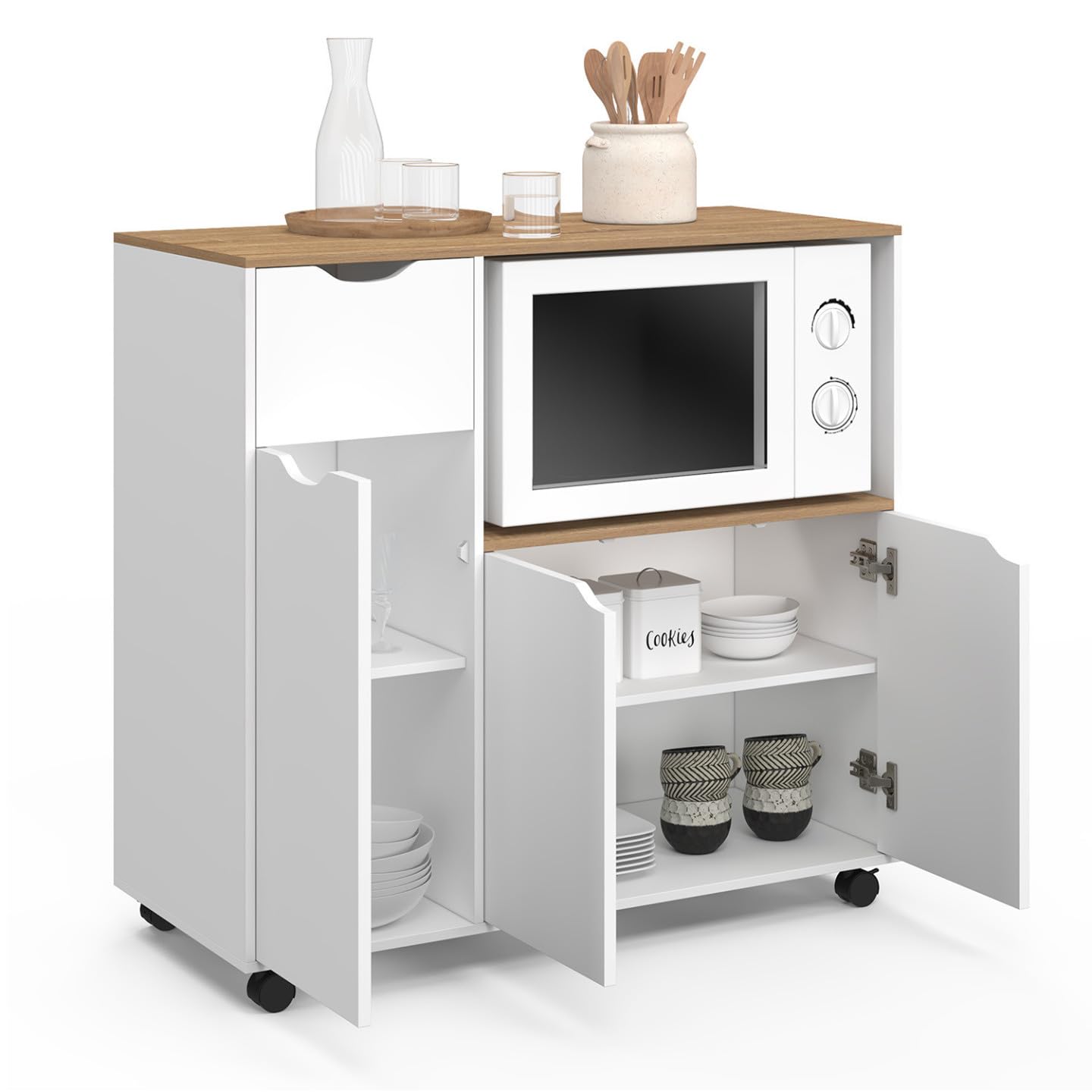 IDMarket - Credenza a microonde COSI XXL con cassetto in legno bianco e ripiani in faggio L.90 CM