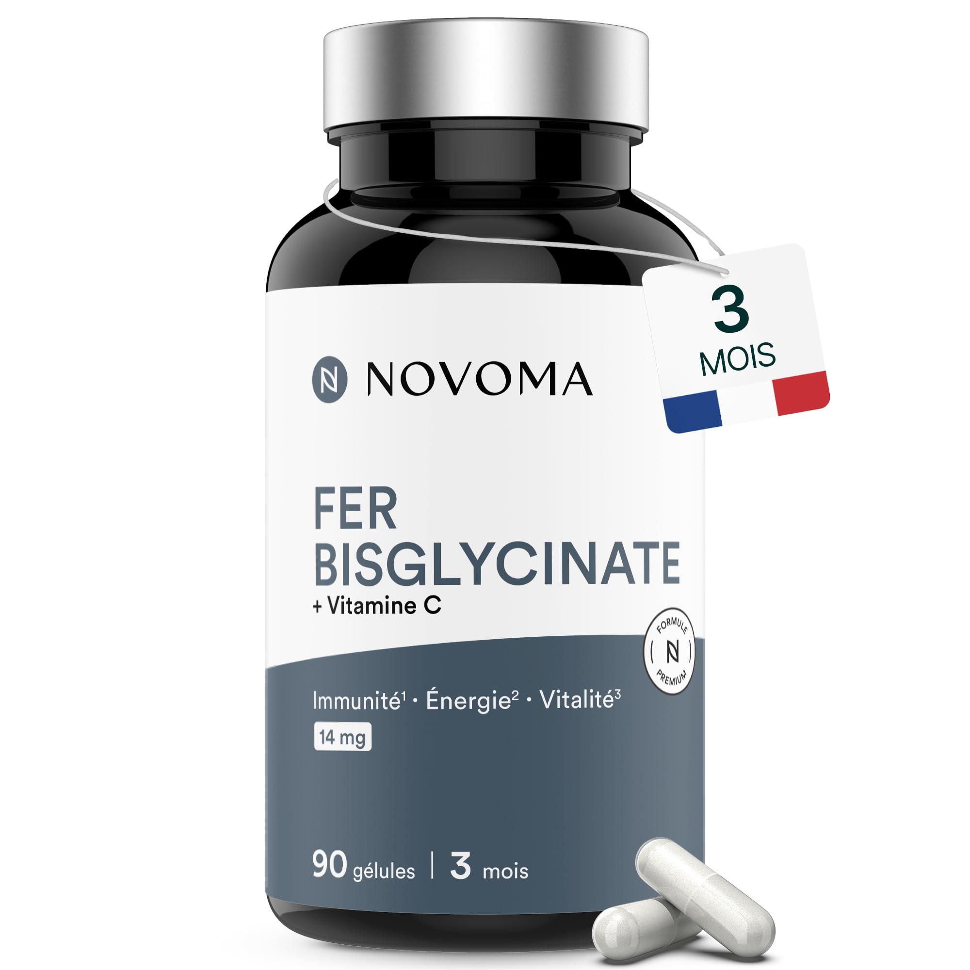 Iron Bisglycinate 14 mg + Vitamin C | High Content & Optimal Assimilation| Certified Vegan Iron Ferrochel® | Immunity & Anti-Fatigue | 90 Capsules| Made in France| Nutrivita