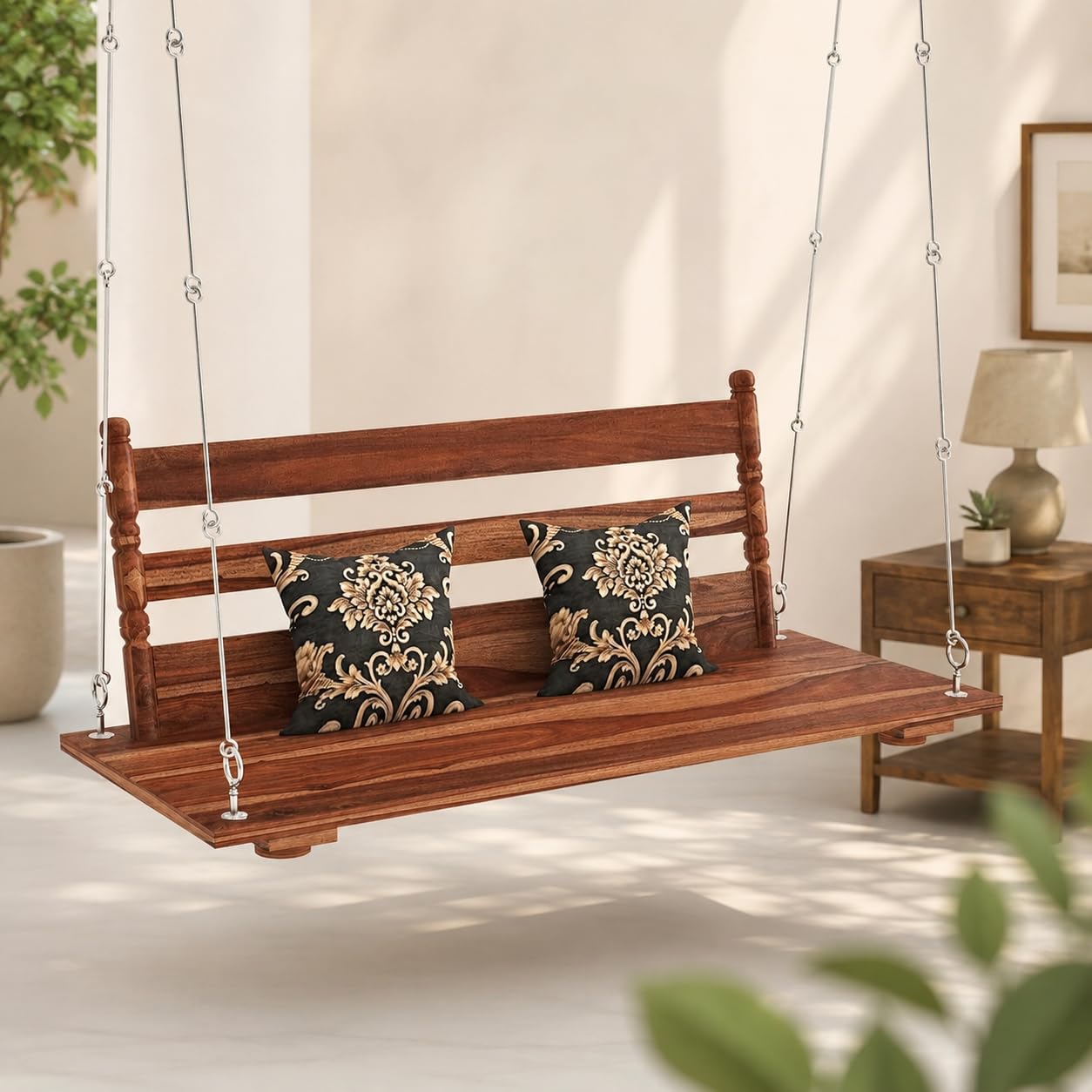 Wooden 2 Seater Jhula for Home Swing Jhula with Brass Chain & Indoor Outdoor & Balcony Traditional Hammock House Swings Jhula | House Backyard Swings for Adults (Honey Finish)-image-17