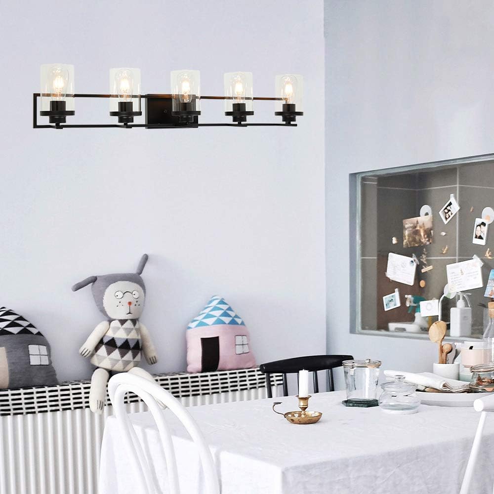 Limited Discount MELUCEE 5-Light Bathroom Vanity Light Fixtures Black Wall Sconce with Clear Glass Shade, Modern Wall Light Fixtures for Vanity Table Bedroom Dressing Table Mirror Cabinets