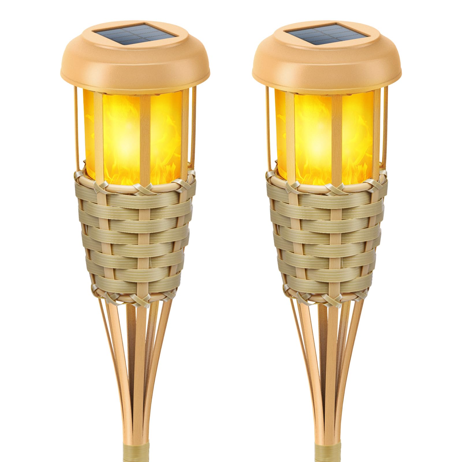 Evelynsun Flickering Flames Solar Powered Lights - Upgraded Solar Torches Waterproof Outdoor Decorative Lighting Auto On/Off, Handmade Bamboo Finish, 2-Pack