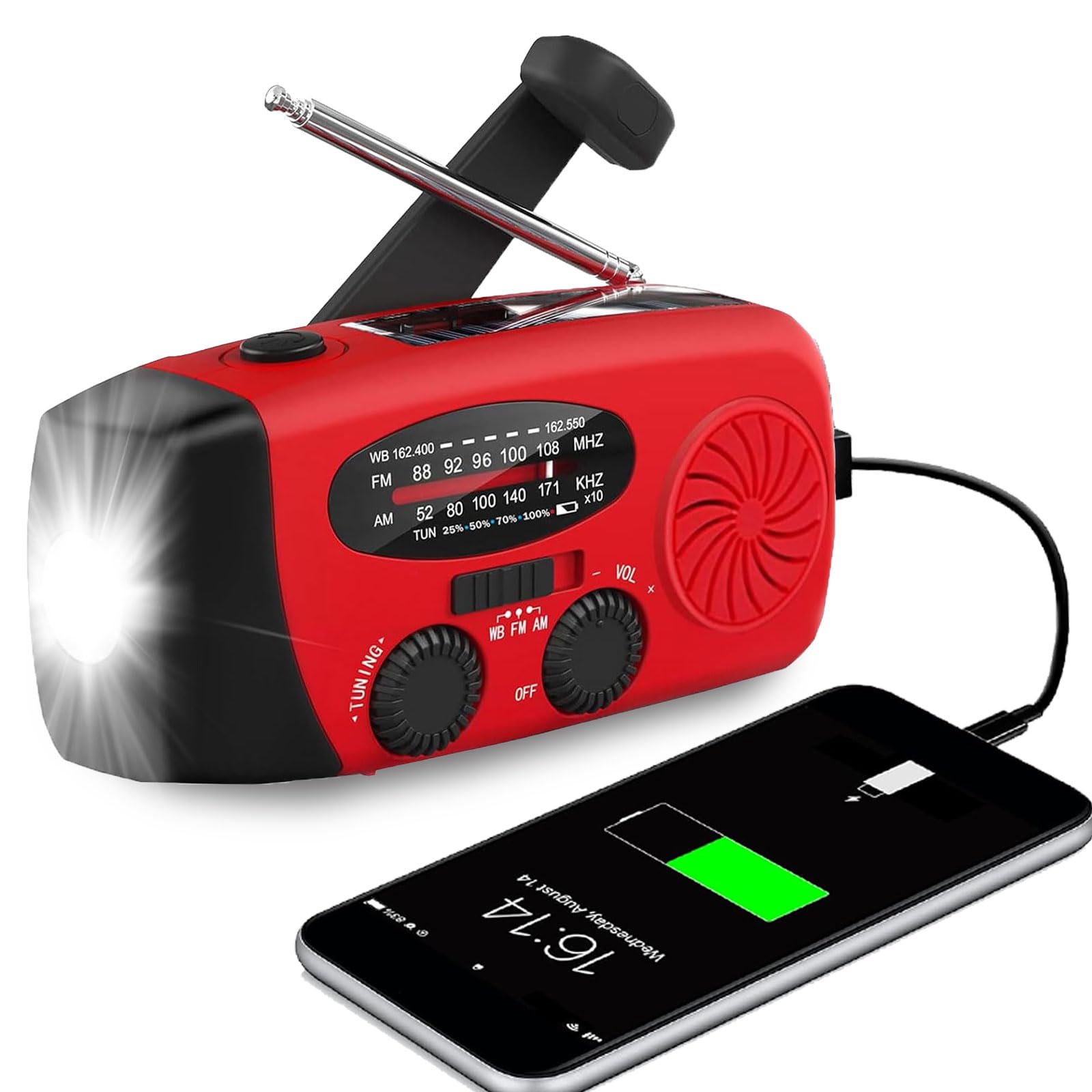 Emergency Hand Crank Radio with 3 LED Flashlight, AM/FM NOAA Weather Radio, 2000mAh Portable Radio with SOS Alarm, USB-C Charged & SOS Alarm & Flashlight for Indoor/Outdoor Emergencies (Red)-image-28