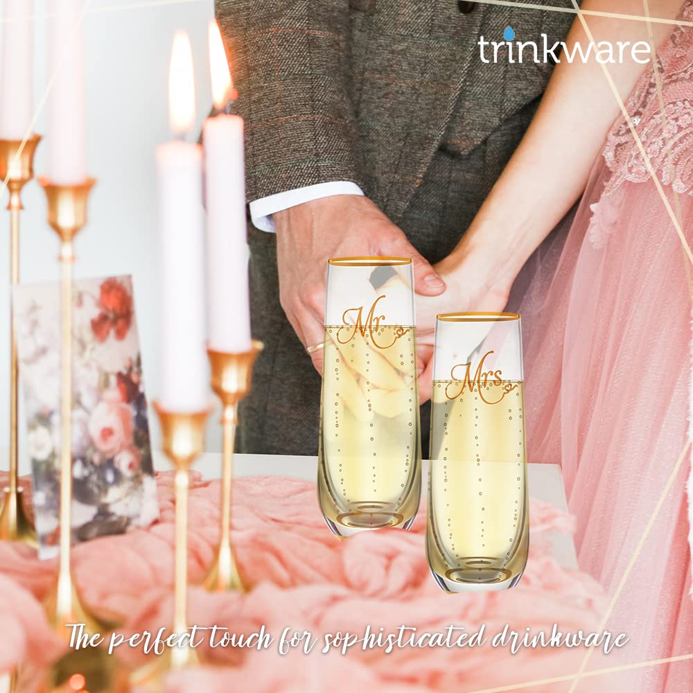Lot de 2 flûtes à champagne sans pied avec bord doré et base – Cadeau de mariage pour mariée et marié – Cadeau de mariée – Cadeau de mariée – Cadeau Mr et Mrs