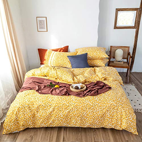 MICBRIDAL Modern Style Botanical Duvet Cover King Small Floral Duvet Cover Yellow 100%