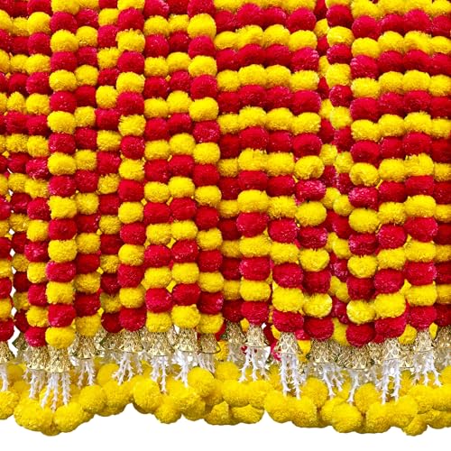 Image of DIYANA IMPEX Marigold Garland for Decoration 5 Pcs of 5 feet Long Strands Artificial Marigold Flowers with Bell, Indian Decor for Pooja /Diwali Decorations /Christmas (Red + Yellow)