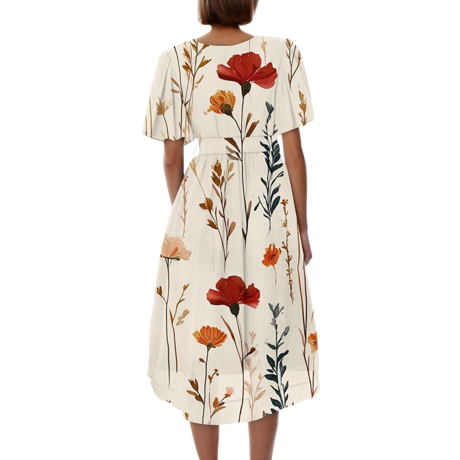 Abito Midi da Donne Ampio con Stampa Floreale Scollo A V E Maniche Corte Abito Bohémien Leggero E Arioso Abiti da Spiaggia A Trapezio Prendisole Leggero con Volant, Abiti da Cerimonia Donna