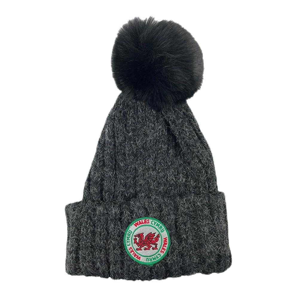Manav Unisex Grey Wales Bobble Hat| Warm Knitted Winter Beanie With Fluffy Pom Pom & Embroidered Welsh Dragon Badge| Cozy, Stylish & Durable Hat For Rugby Fans, Outdoor Adventures, Festivals & Everyday Wear