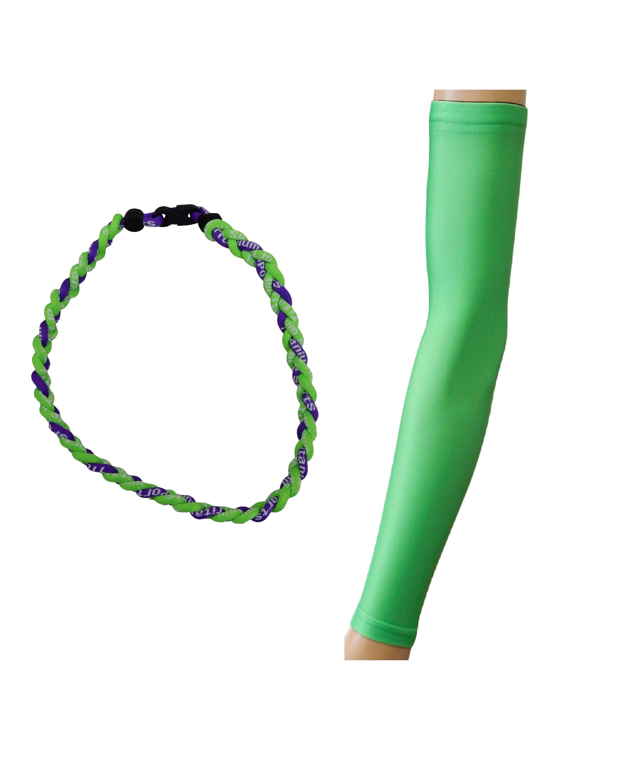 Sports Farm - Solid Neon Green Sports Arm Sleeve With 3 Rope Tornado Baseball Necklace Team Colors Uniform Jersey (Neon Green Purple, Youth Medium)