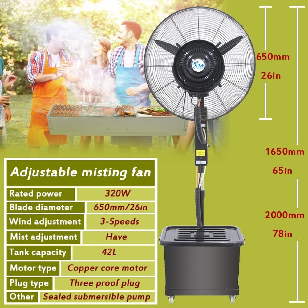 26in Patio Misting Fans Outside Pedestal Cooling Fan 3 Speeds, 90° Oscillation Mister Black With 11 Gal Standalone Tank For Residential Greenhouse (Color : Adjustable high)
