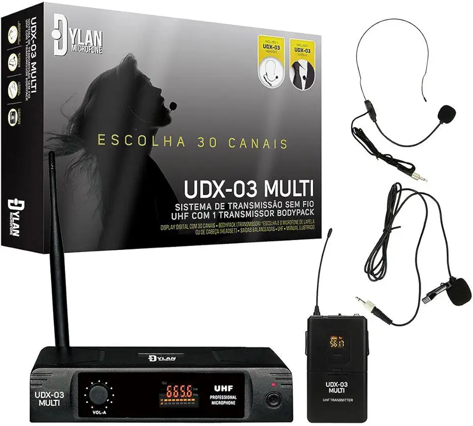 SISTEMA SEM FIO UHF COM 30 X CANAIS (RECEPTOR BASE + TRANSMISSOR COMPACTO DE CINTO) UDX-03 MULTI