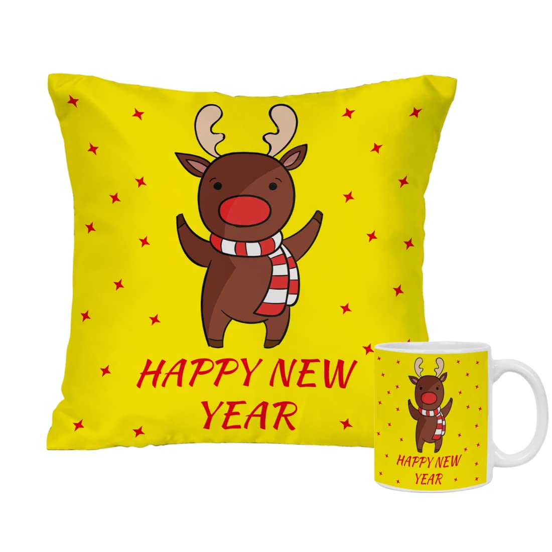 Crazyify Happy New Year Christmas Cushion Mug Gift Combo Pack of 2