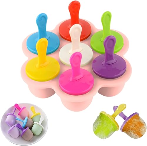 Moldes de silicona para paletas, mini molde de 7 cavidades para hacer paletas de hielo con palos coloridos y protectores de goteo, contenedor de